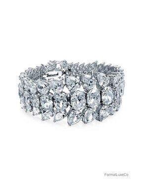 Multi Row Teardrop CZ Graduated Cluster Statement Bracelet Silver Plated